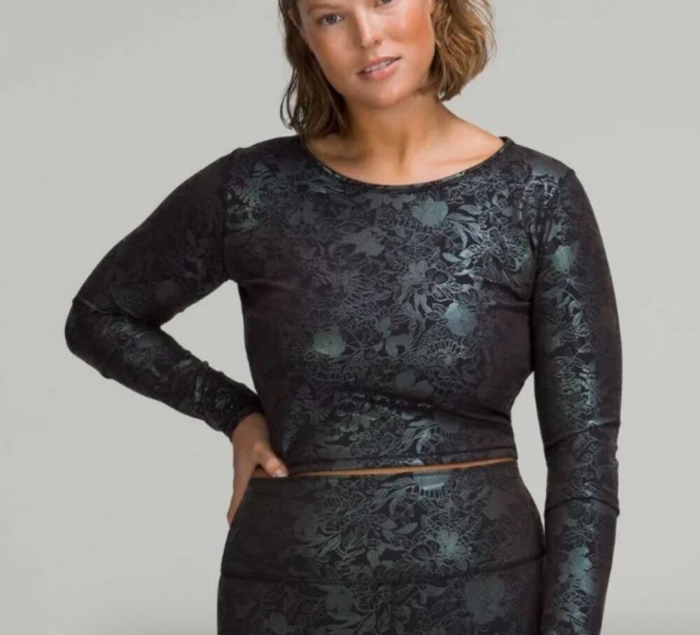 Lululemon Wunder Train Cropped Floral Long Sleeve Top Black 14